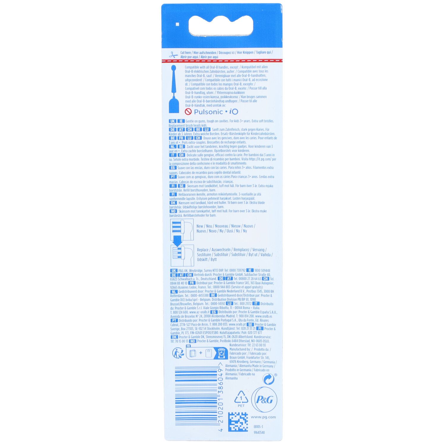 Dos de l'emballage des recharges de brosse à dents. Informations produit et pictogrammes.