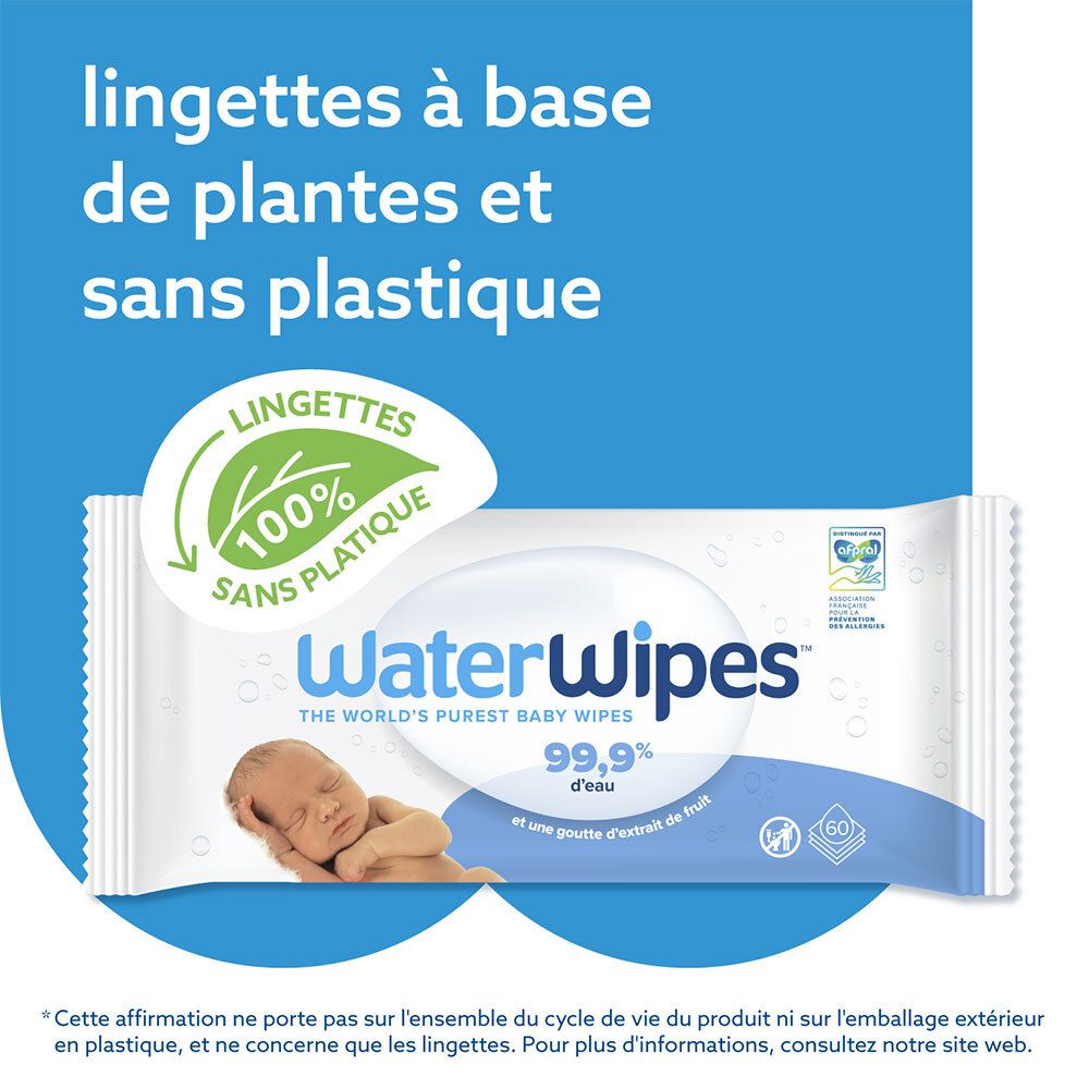Paquet de lingettes WaterWipes avec inscription : lingettes 100% sans plastique. Illustration de bébé et logo.