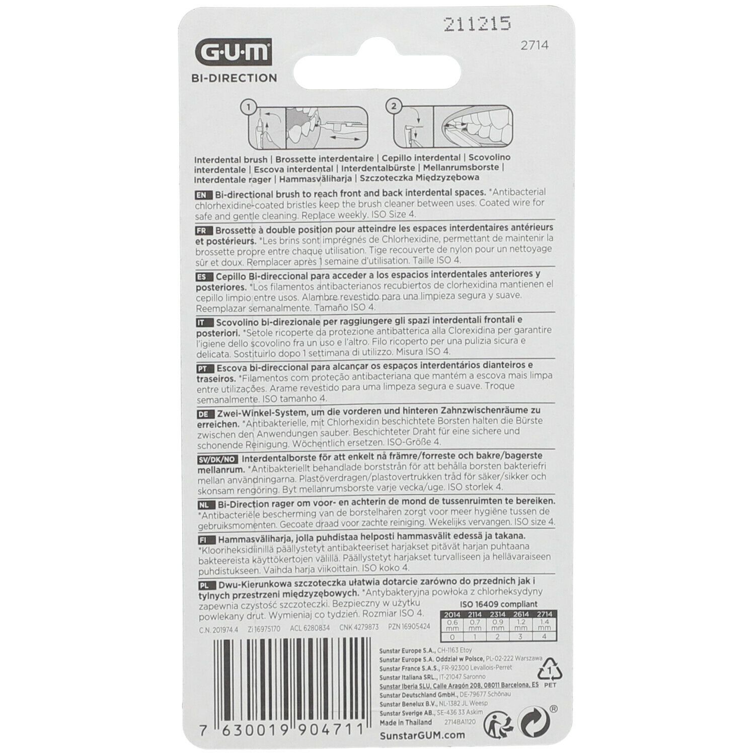 Rückseite der Verpackung mit Produktinformationen in verschiedenen Sprachen. GUM Bi-Direction.