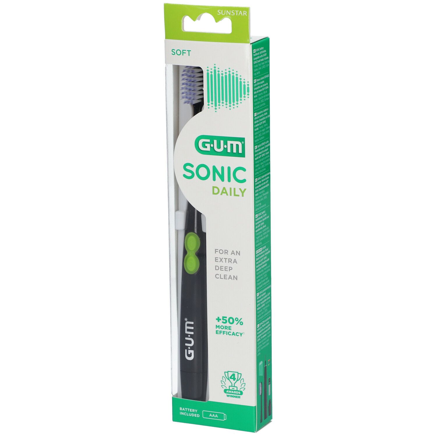 Elektrische Zahnbürste in Verpackung. Schwarz, mit grünen Akzenten. Marke GUM Sonic Daily. Weiche Borsten.