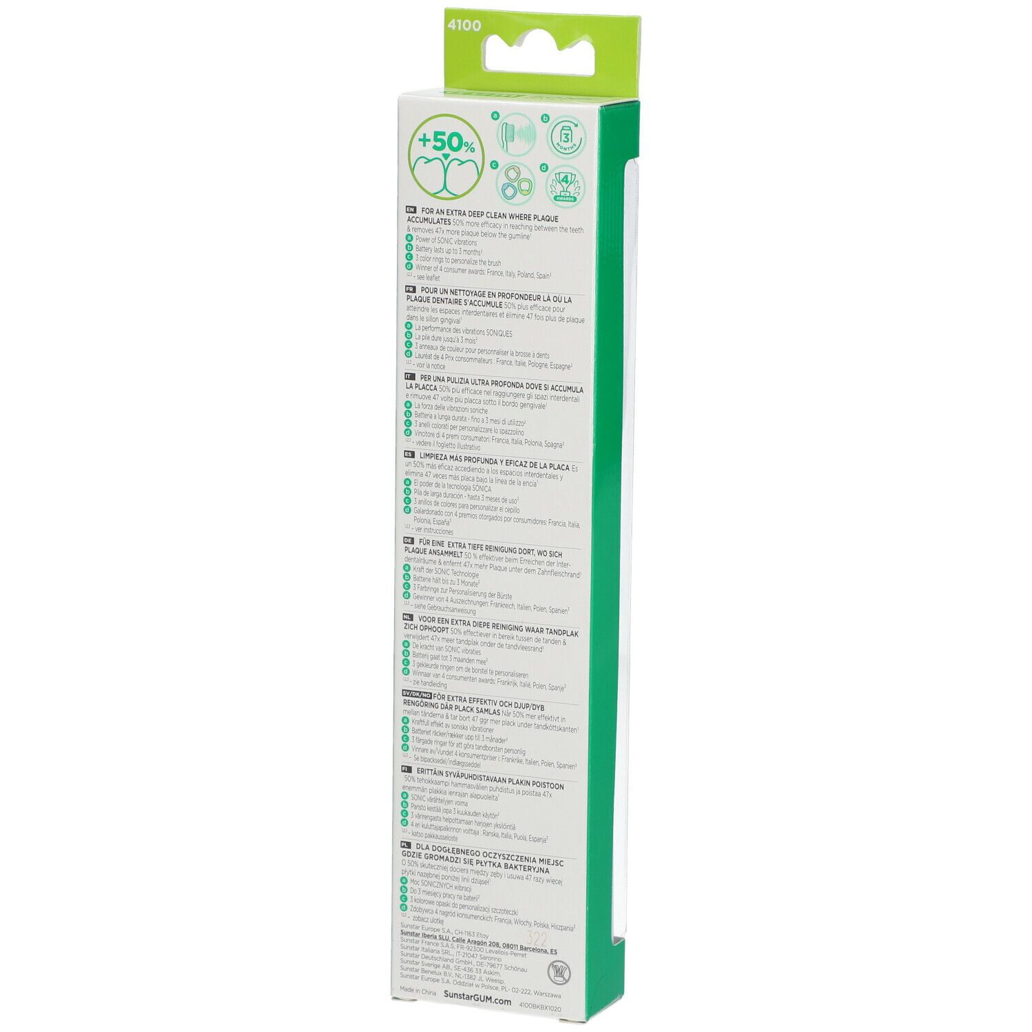 Rückseite der Verpackung. Text in mehreren Sprachen. Marke GUM. Informationen zur elektrischen Zahnbürste Sonic Daily.