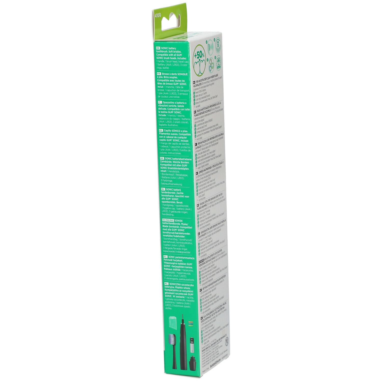 Verpackung, Seitenansicht. Text in mehreren Sprachen. Marke GUM. Informationen zur elektrischen Zahnbürste Sonic Daily.