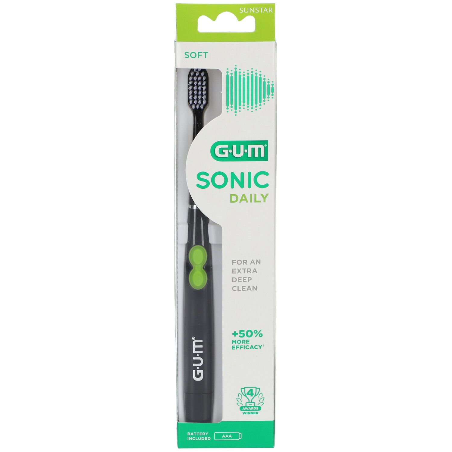Elektrische Zahnbürste in Verpackung. Schwarz, grüne Akzente. Marke GUM Sonic Daily. Weiche Borsten.