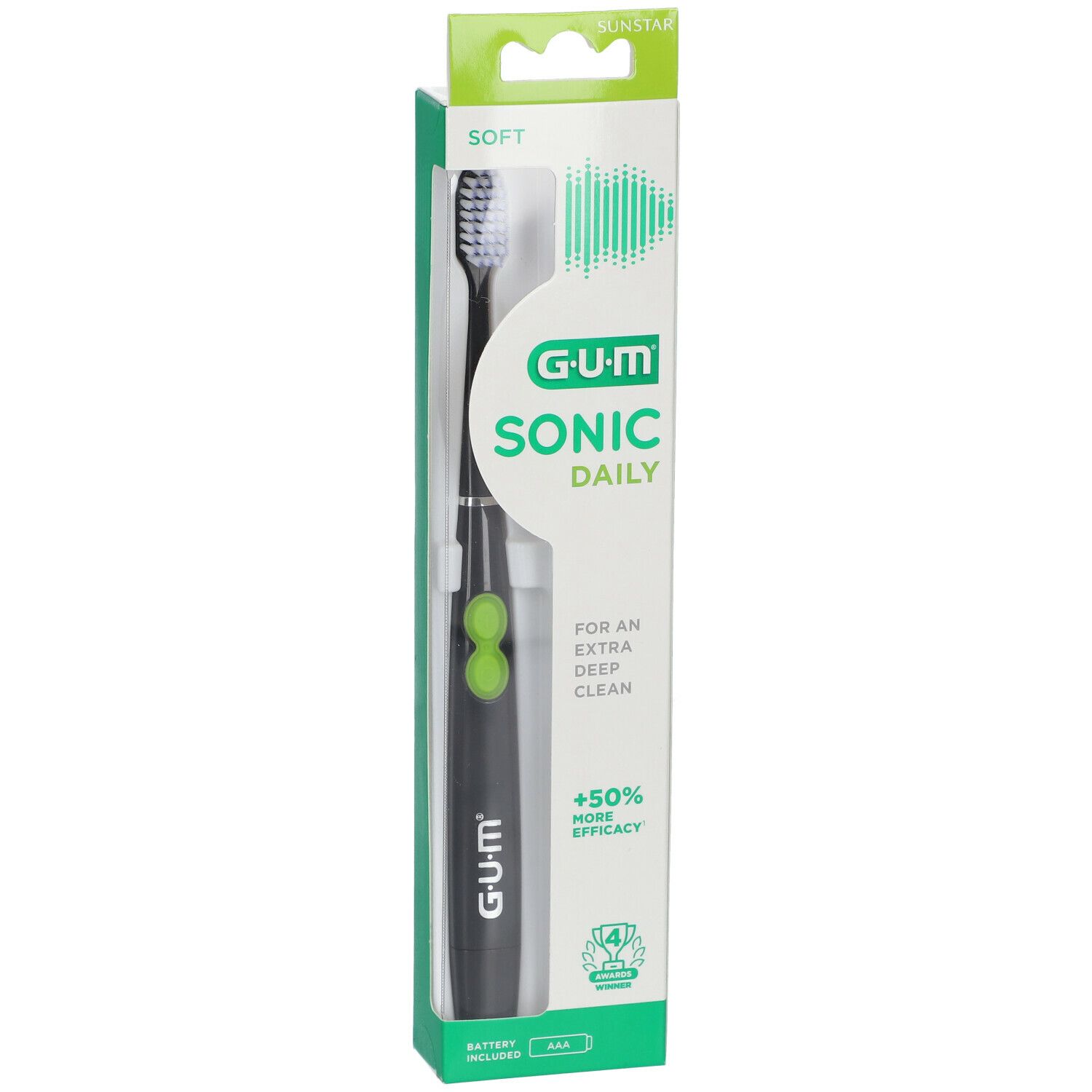 Elektrische Zahnbürste in Verpackung. Schwarz, grüne Akzente. Marke GUM Sonic Daily. Weiche Borsten.