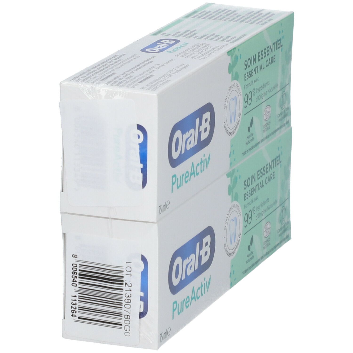 Deux boîtes de dentifrice emballées. Inscription: Oral-B PureActiv, 75 ml. Code-barres et numéro de lot visibles.