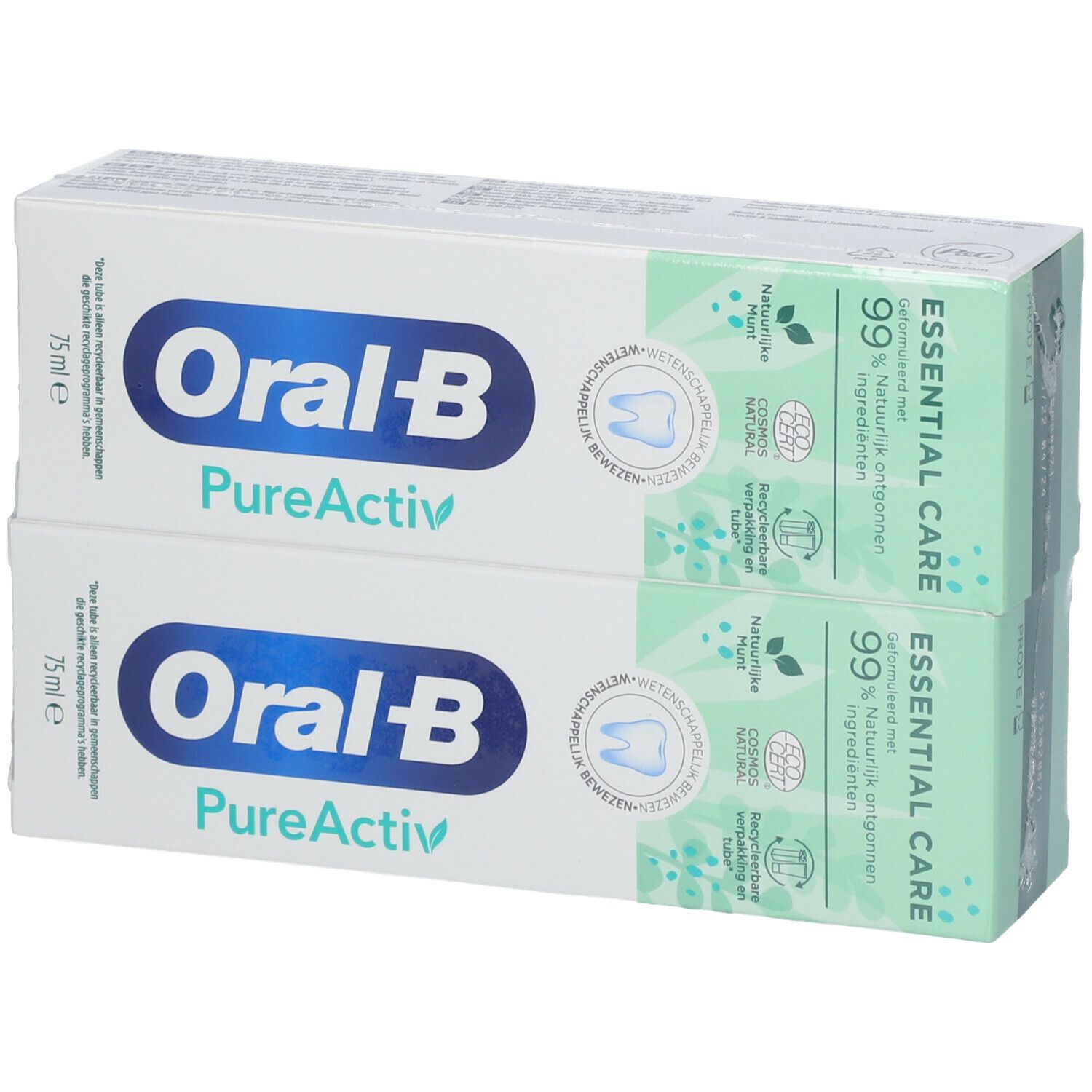 Deux boîtes de dentifrice. Inscription: Oral-B PureActiv, 75 ml, Essential Care, 99% ingrédients naturels.