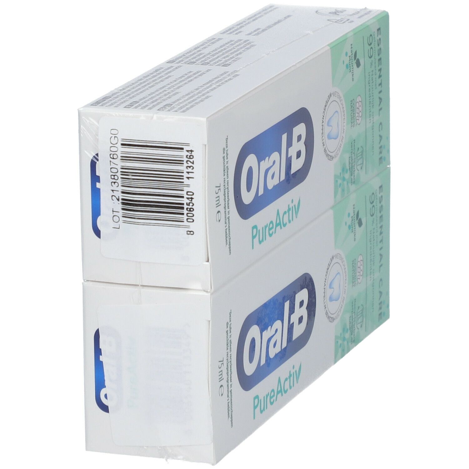 Deux boîtes de dentifrice emballées. Inscription: Oral-B PureActiv, 75 ml. Code-barres et numéro de lot visibles.