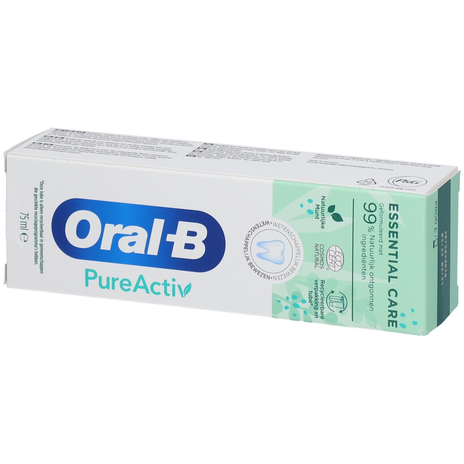 Zahnpasta-Verpackung. Marke Oral-B PureActiv. Grün-weiße Schachtel mit Text und Logo. Enthält 75ml.