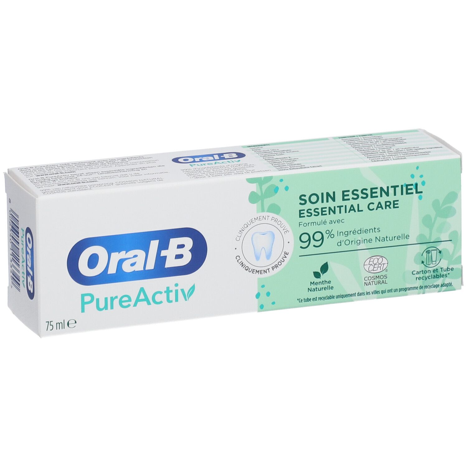 Zahnpasta-Verpackung. Marke Oral-B PureActiv. Grün-weiße Schachtel mit Text und Logo. Enthält 75ml.