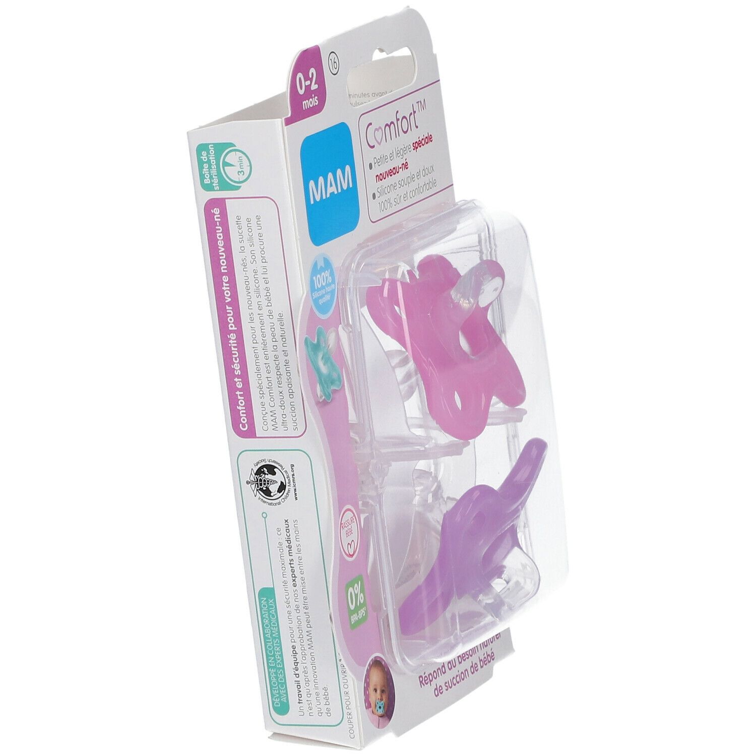 Emballage avec deux sucettes. Silicone rose et violet. Marque MAM, Comfort. Âge 0-2 mois.