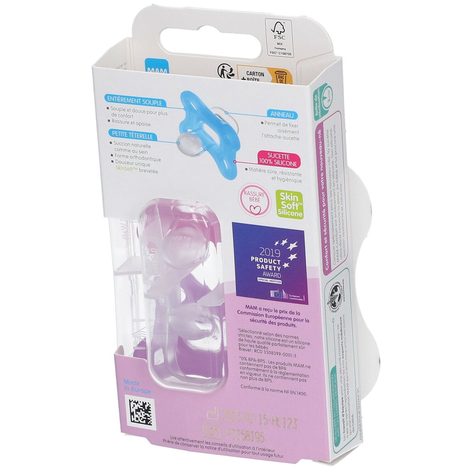 Dos de l'emballage avec deux sucettes. Silicone rose et violet. Marque MAM, Comfort. Âge 0-2 mois.