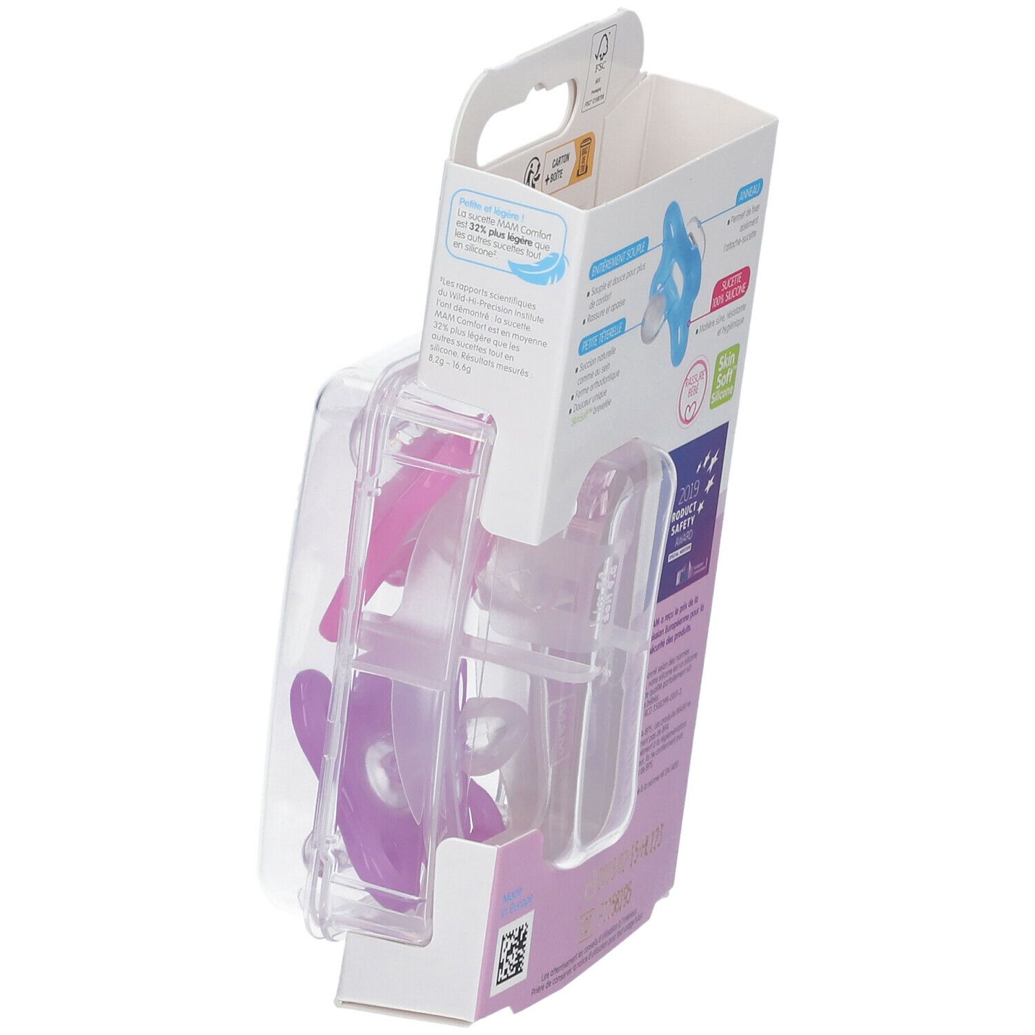 Emballage avec deux sucettes. Silicone rose et violet. Marque MAM, Comfort. Âge 0-2 mois.