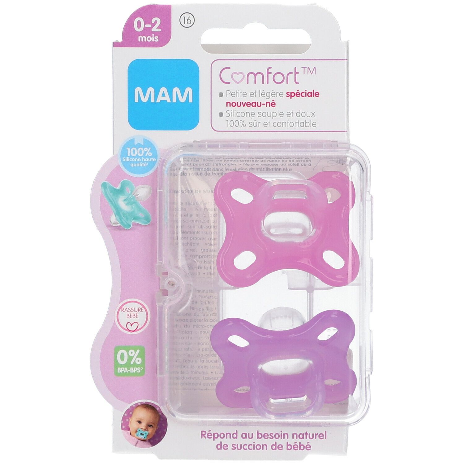 Deux sucettes en emballage. Silicone rose et violet. Âge 0-2 mois. Marque MAM, Comfort.