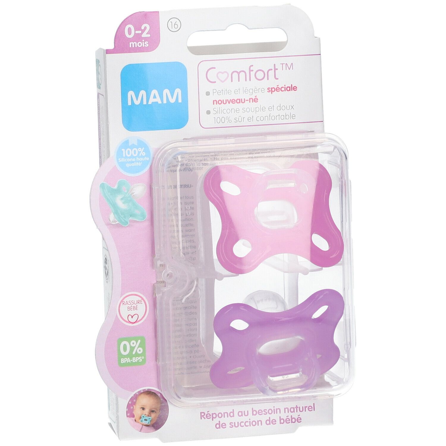 Deux sucettes en emballage. Silicone rose et violet. Âge 0-2 mois. Marque MAM, Comfort.