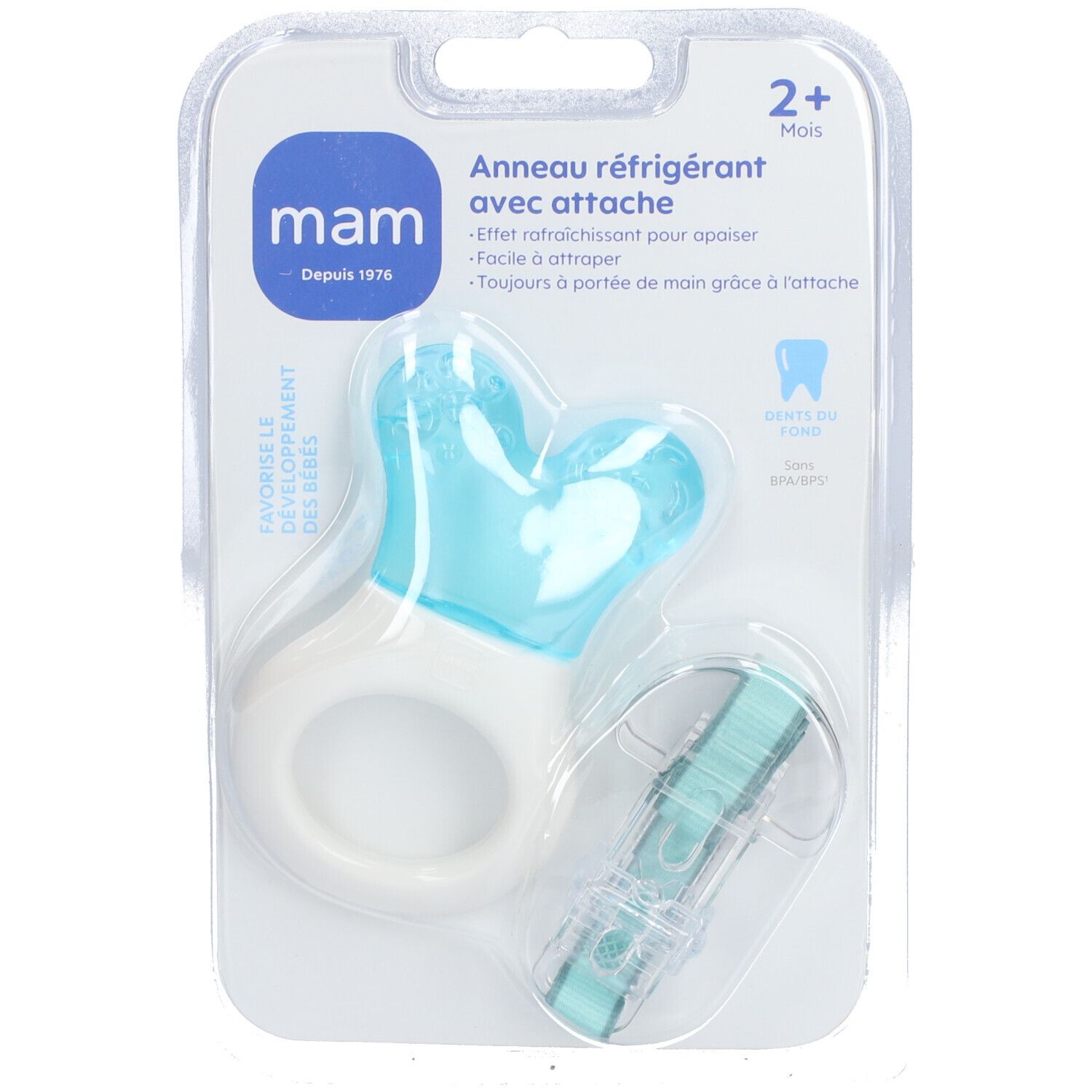 Anneau de dentition réfrigérant MAM avec attache, emballage blister. Anneau et partie cœur bleus. Attache transparente.