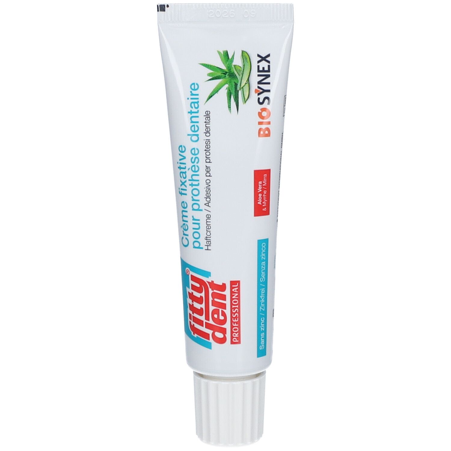 Crème fixative pour prothèse dentaire en tube. Marque Fittydent Professional. Avec Aloe Vera et Bio Synex.