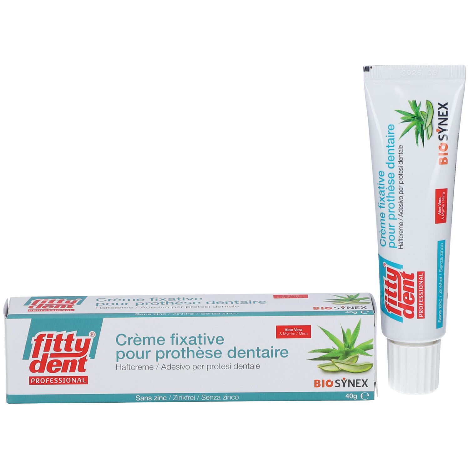 Crème fixative pour prothèse dentaire et emballage. Marque Fittydent Professional. Avec Aloe Vera et Bio Synex.