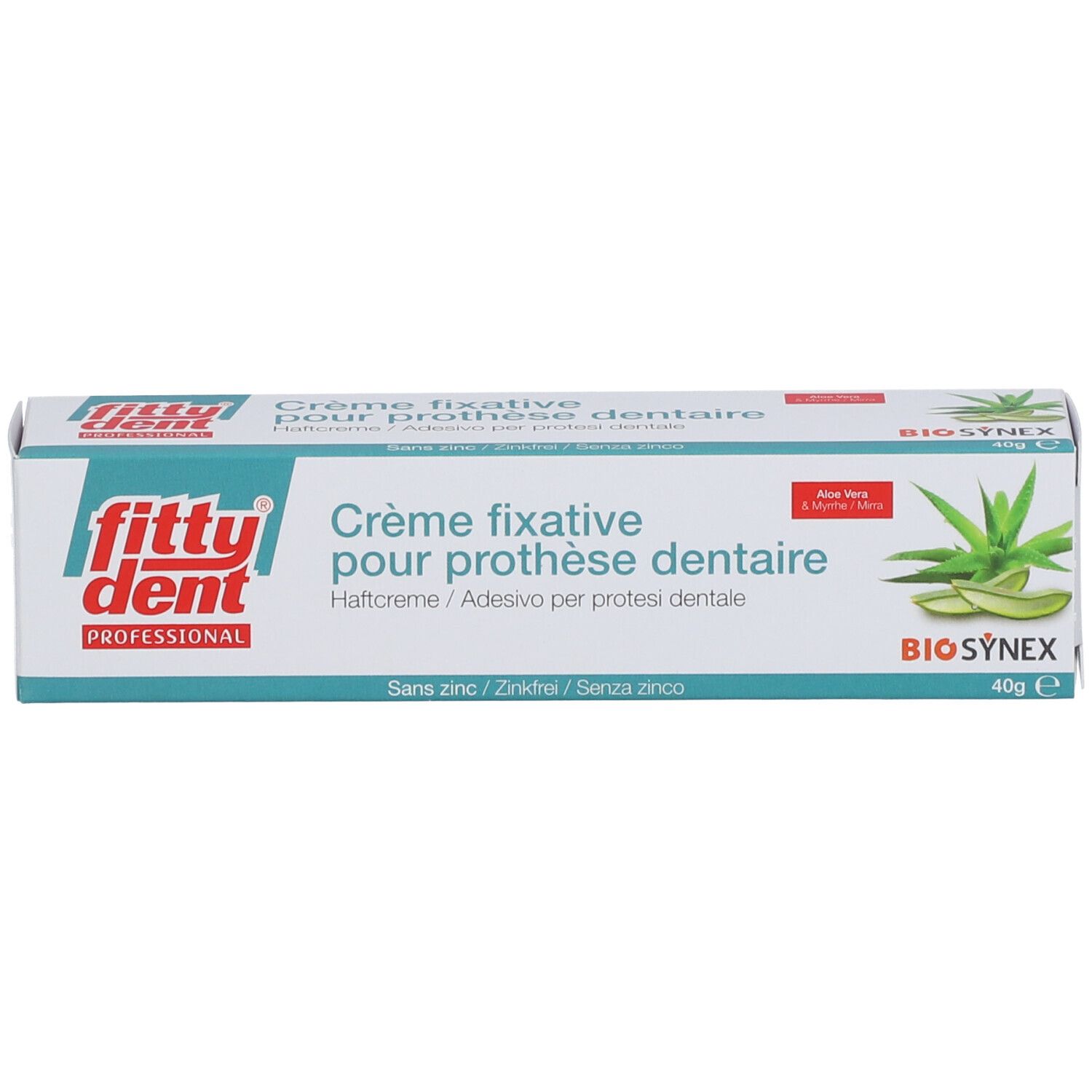 Emballage de crème fixative pour prothèse dentaire. Marque Fittydent Professional. Avec Aloe Vera et Bio Synex.