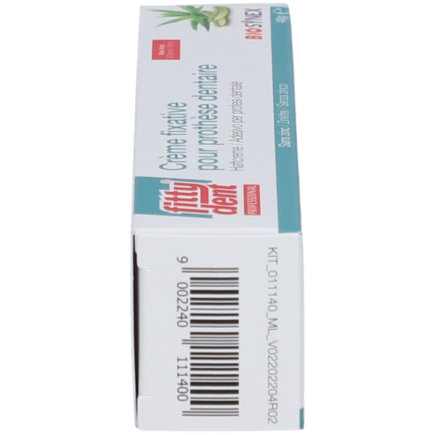 Emballage de crème fixative pour prothèse dentaire. Marque Fittydent Professional. Avec code-barres et numéro de lot.