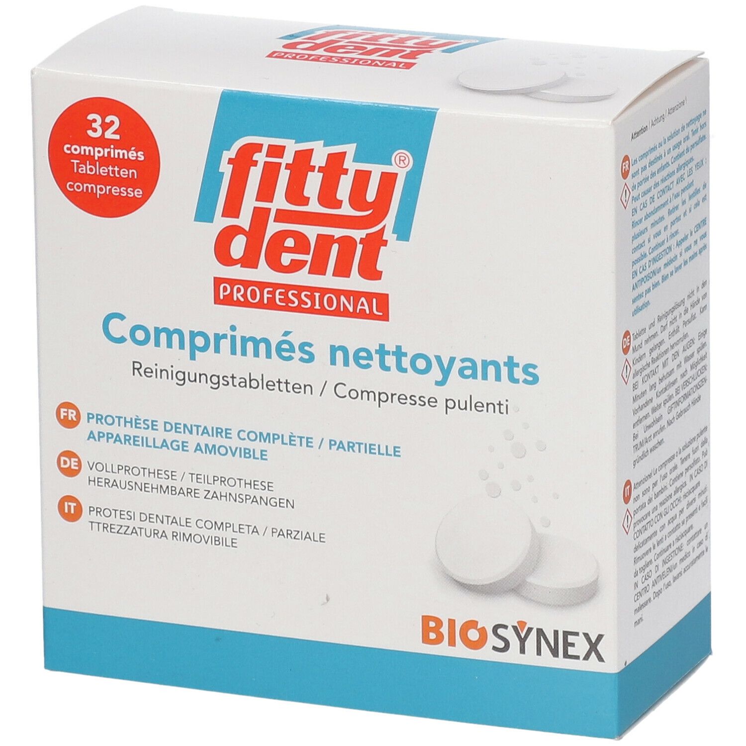 Boîte blanche avec "fitty dent PROFESSIONAL" et "32 comprimés". Deux comprimés à côté.