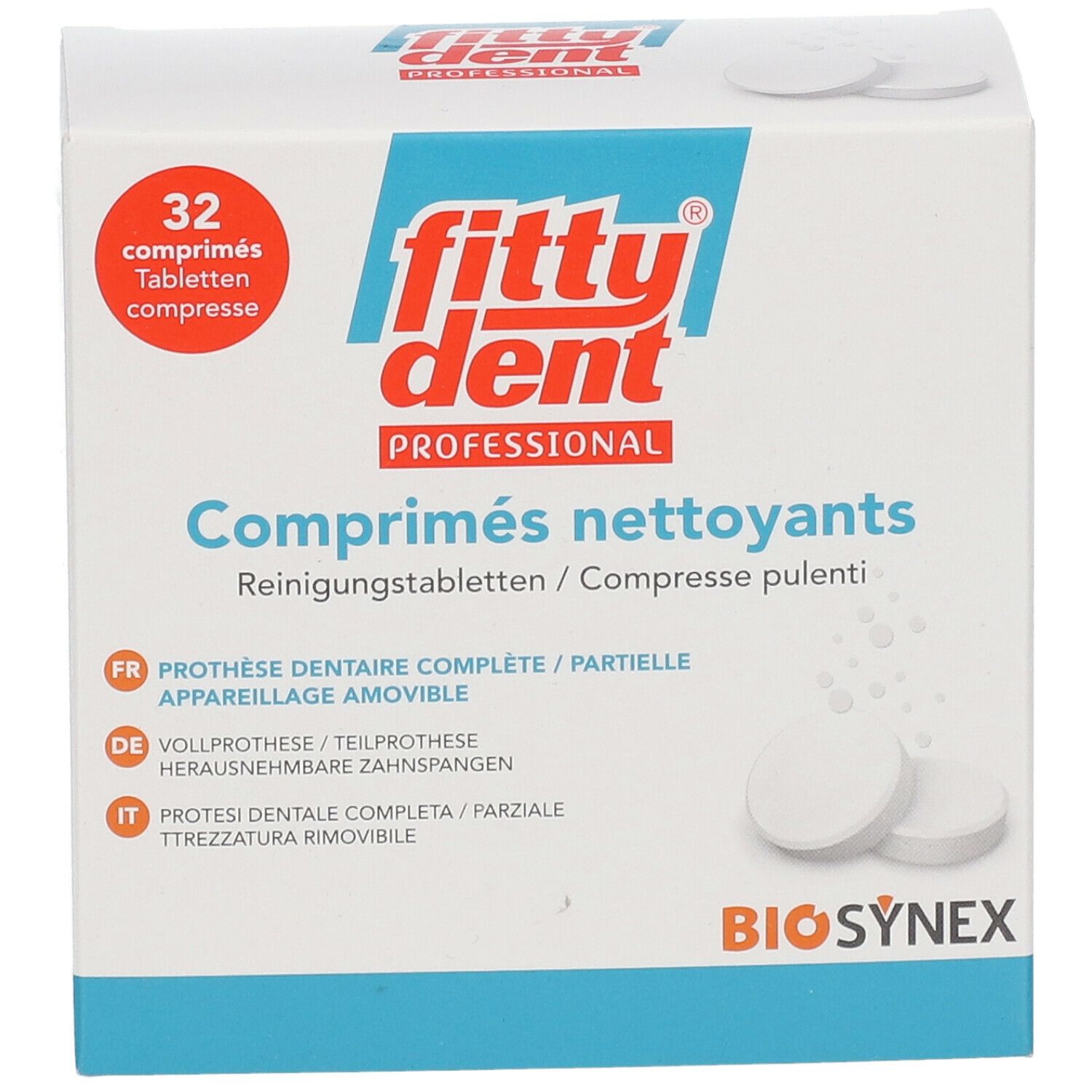 Boîte blanche avec "fitty dent PROFESSIONAL" et "32 comprimés". Deux comprimés à côté.