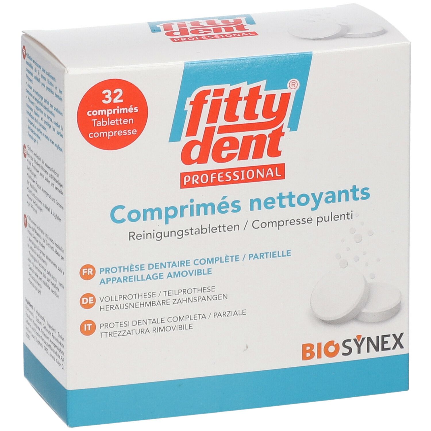 Boîte blanche avec "fitty dent PROFESSIONAL" et "32 comprimés". Deux comprimés à côté.