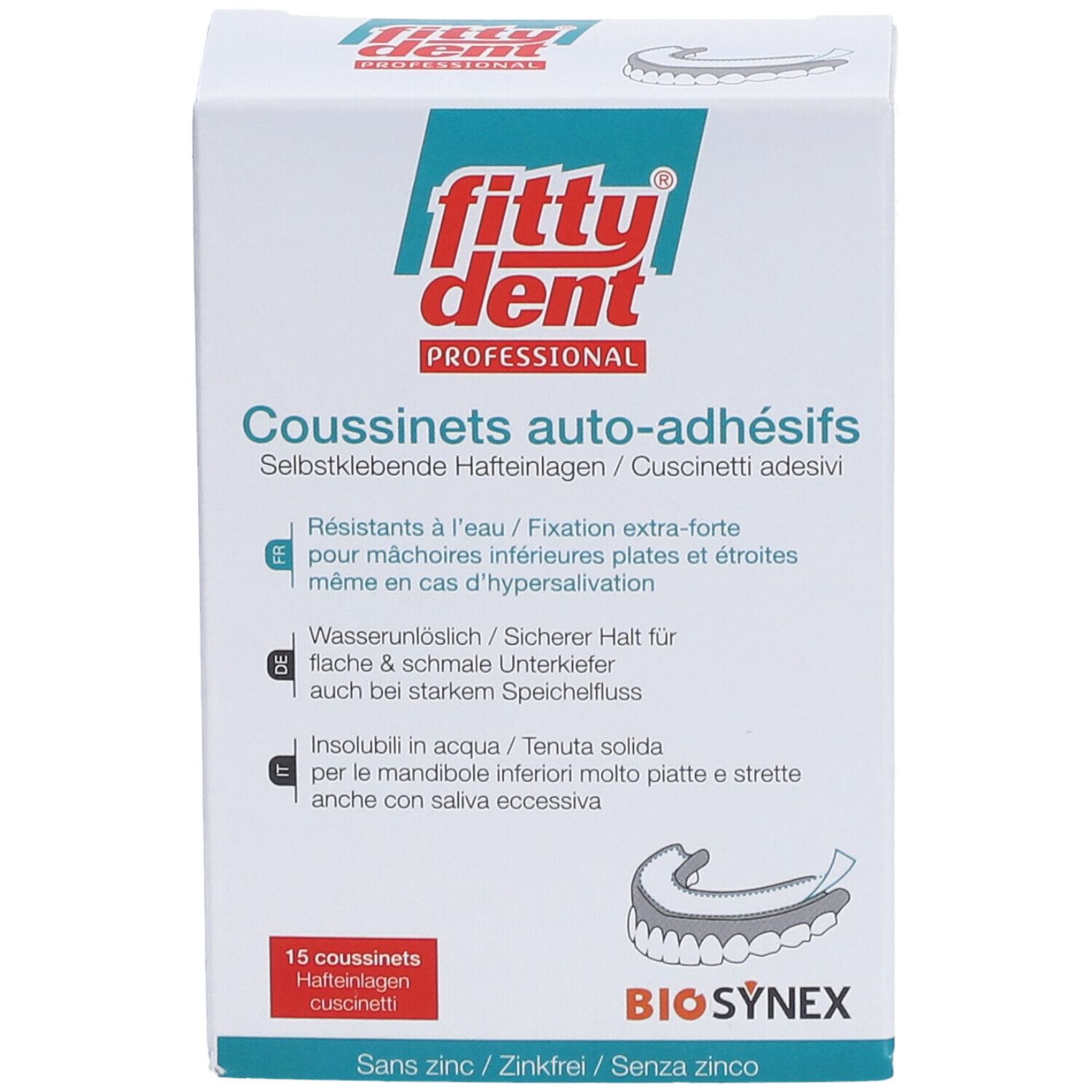 Boîte Fittydent® Professional. Coussinets auto-adhésifs. Textes en allemand, français, italien et néerlandais. Contient 15 coussinets.