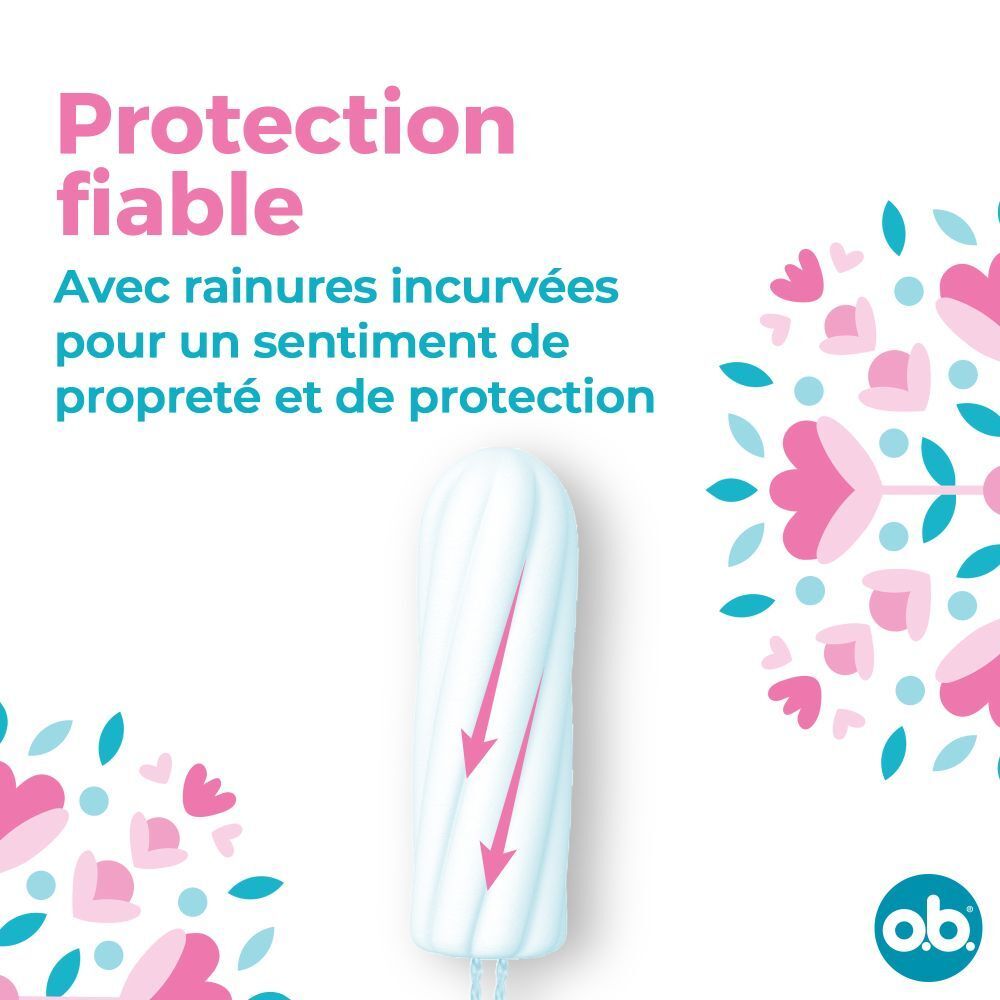 Tampon blanc avec flèches roses. Texte : Protection fiable, avec rainures incurvées. Logo o.b.® Original.