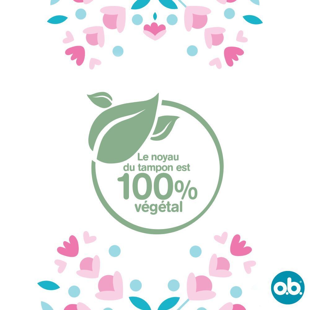 Logo vert avec feuilles et texte : Le noyau du tampon est 100% végétal. Motifs floraux roses et bleus.