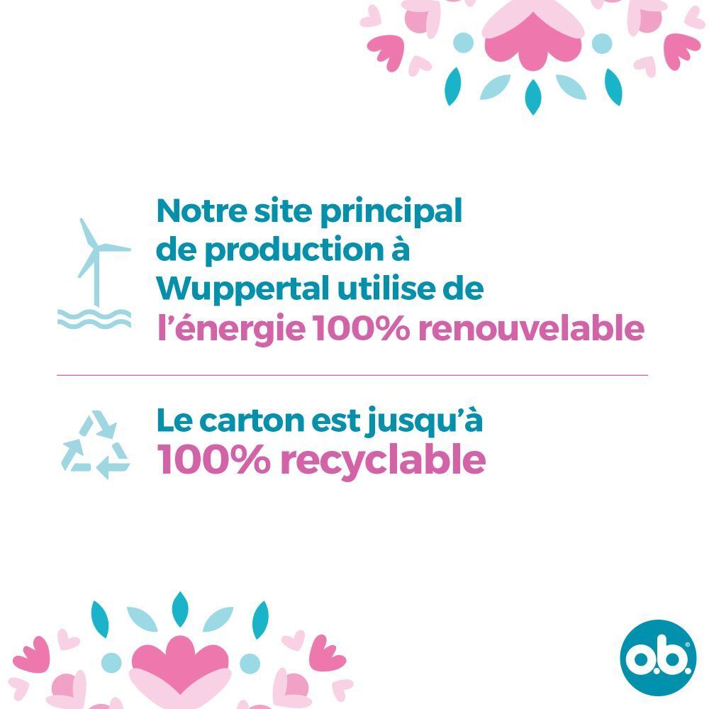 Texte : Notre site de production à Wuppertal utilise de l'énergie 100% renouvelable. Carton recyclable à 100%. Logo o.b.® Original.
