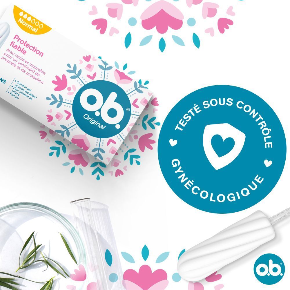 Tampon et emballage o.b.® Original. Texte : Testé sous contrôle gynécologique. Logo o.b.® Original. Motifs floraux roses et bleus.
