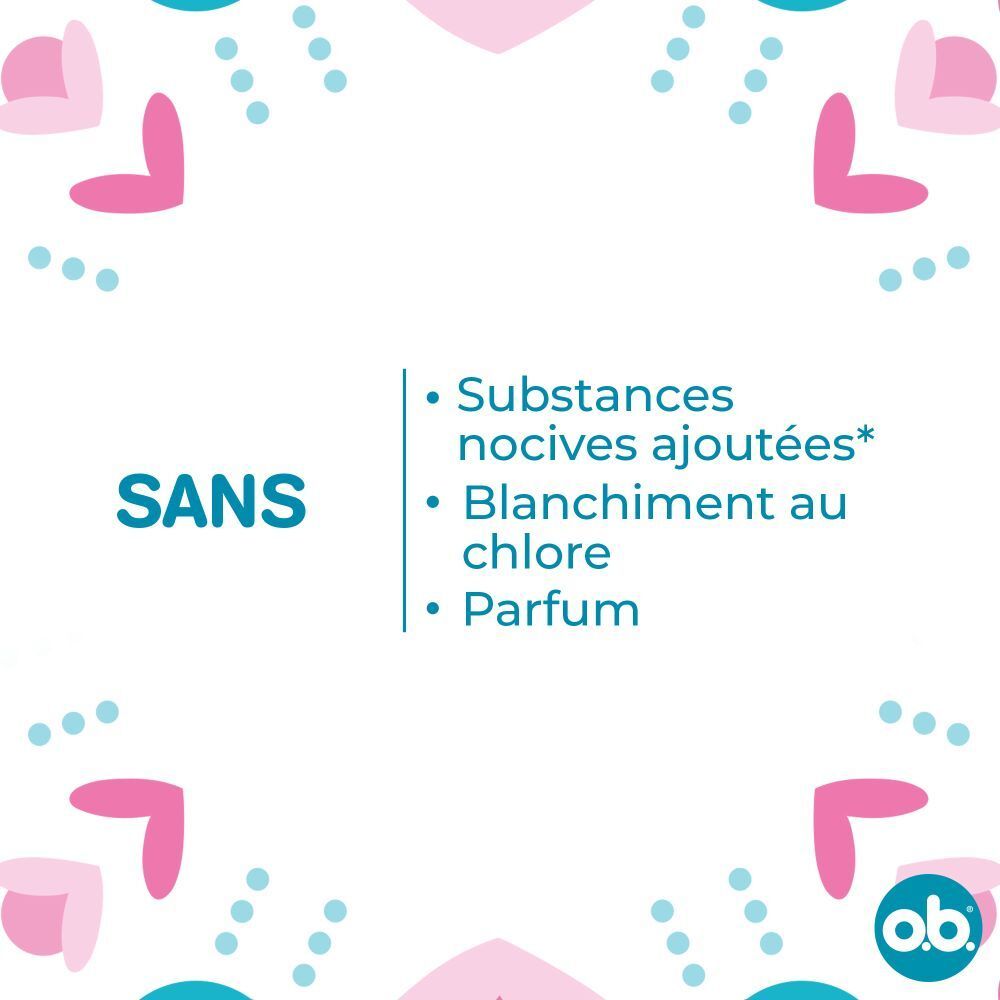 Texte : Sans substances ajoutées, sans chlore, parfum. Motifs floraux roses et bleus. Logo o.b.® Original.
