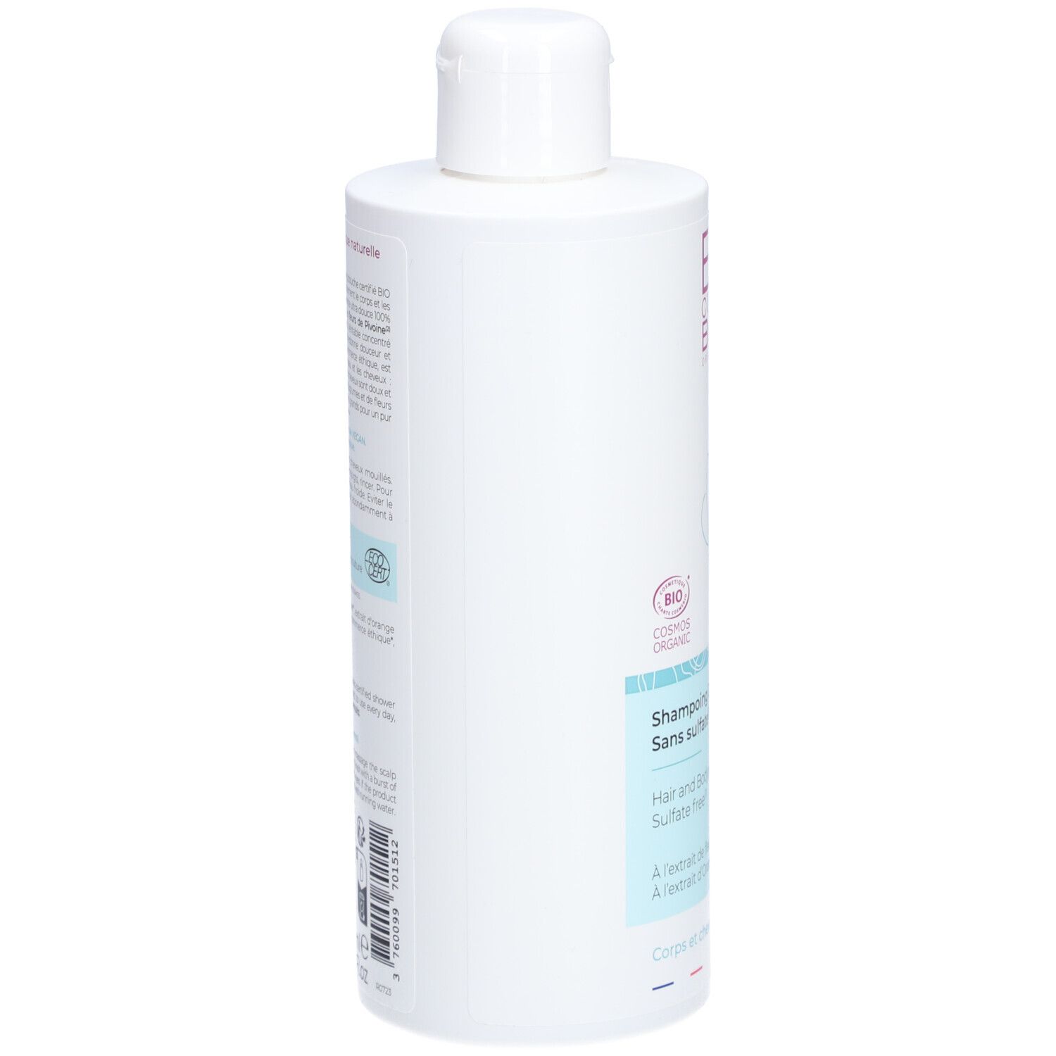 Flacon blanc avec texte et logo. Inscription : "Shampoing Douche Sans sulfate" et "Hair and Body wash Sulfate free".