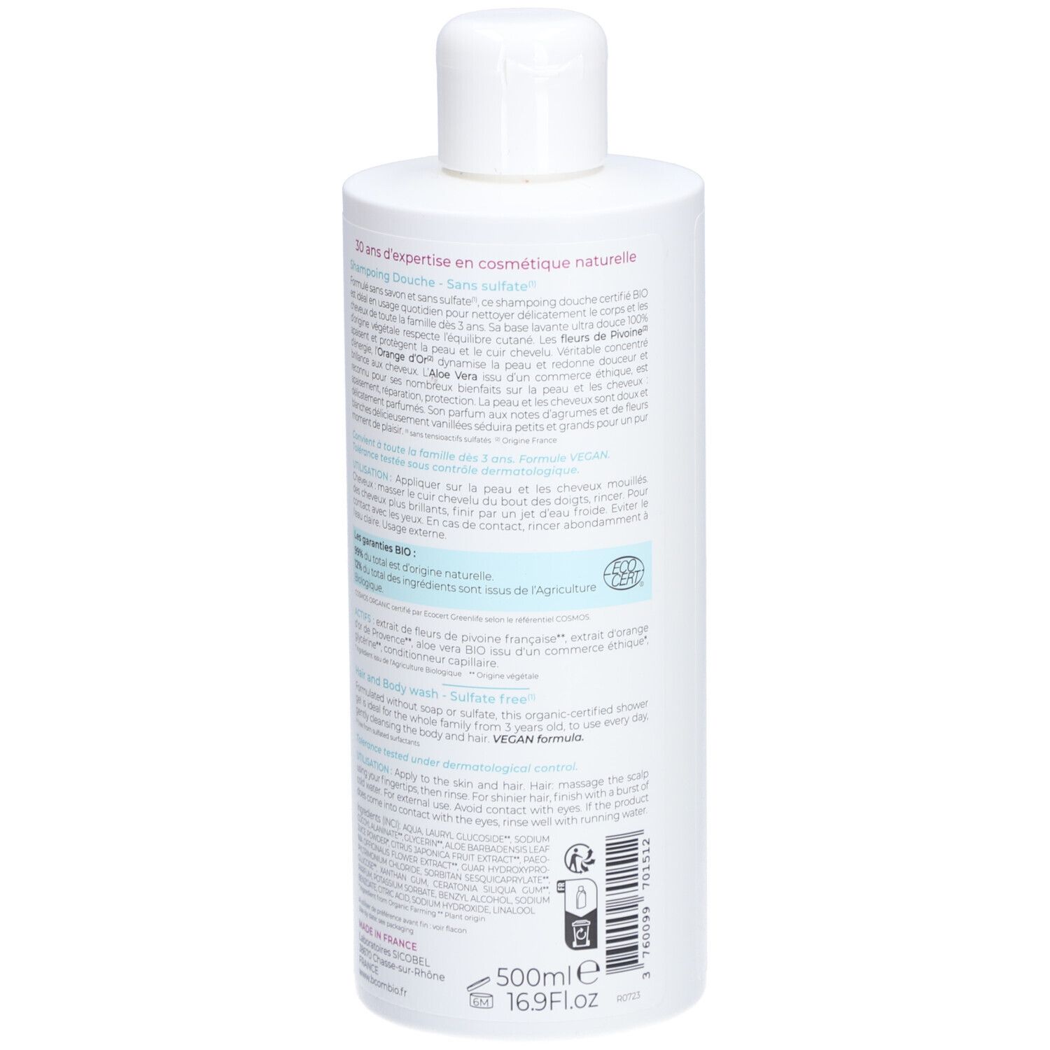 Flacon blanc avec texte. Inscription : "Shampoing Douche Sans sulfate" et "Hair and Body wash Sulfate free". Dos avec texte.