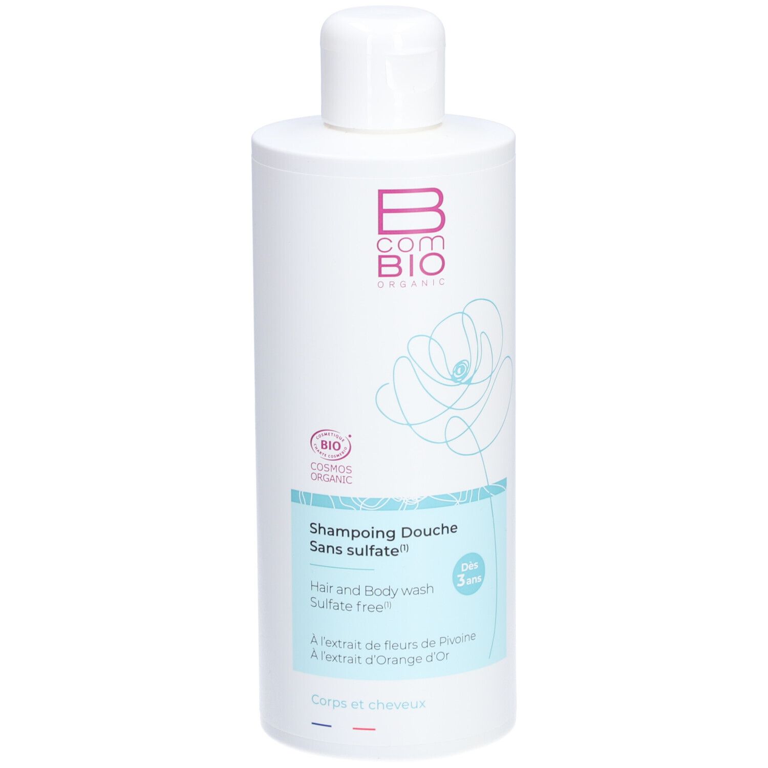 Flacon blanc avec logo Bcom Bio et texte. "Shampoing Douche Sans sulfate" et "Hair and Body wash Sulfate free".