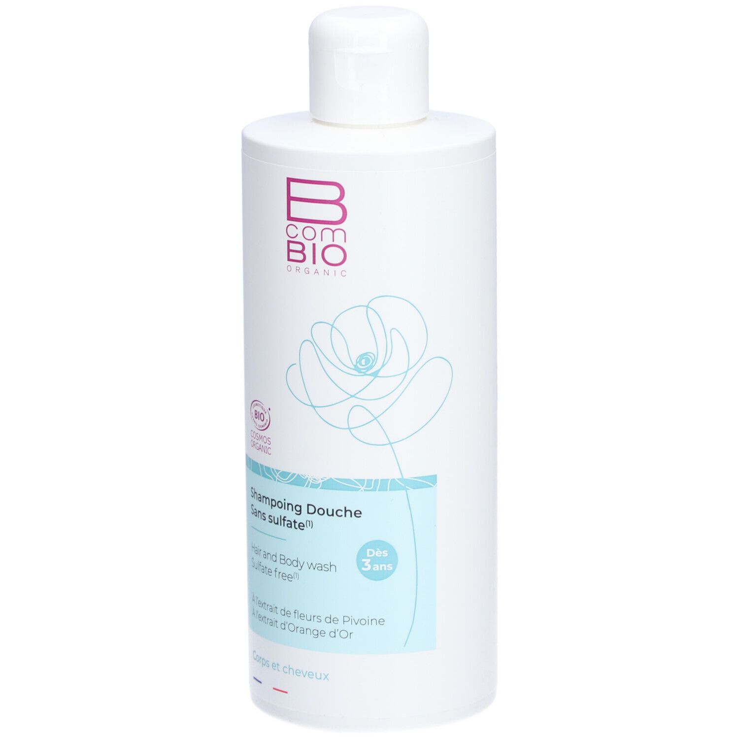 Flacon blanc avec logo Bcom Bio et texte. "Shampoing Douche Sans sulfate" et "Hair and Body wash Sulfate free".