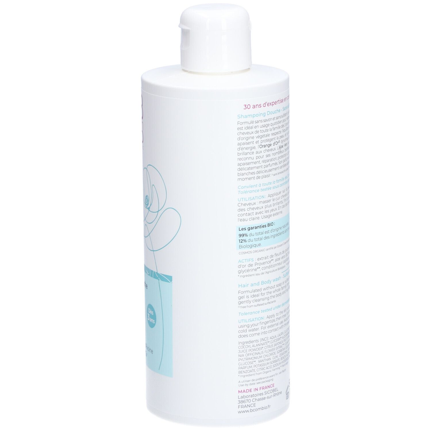 Flacon blanc avec texte. Inscription : "Shampoing Douche Sans sulfate" et "Hair and Body wash Sulfate free". Dos avec texte.