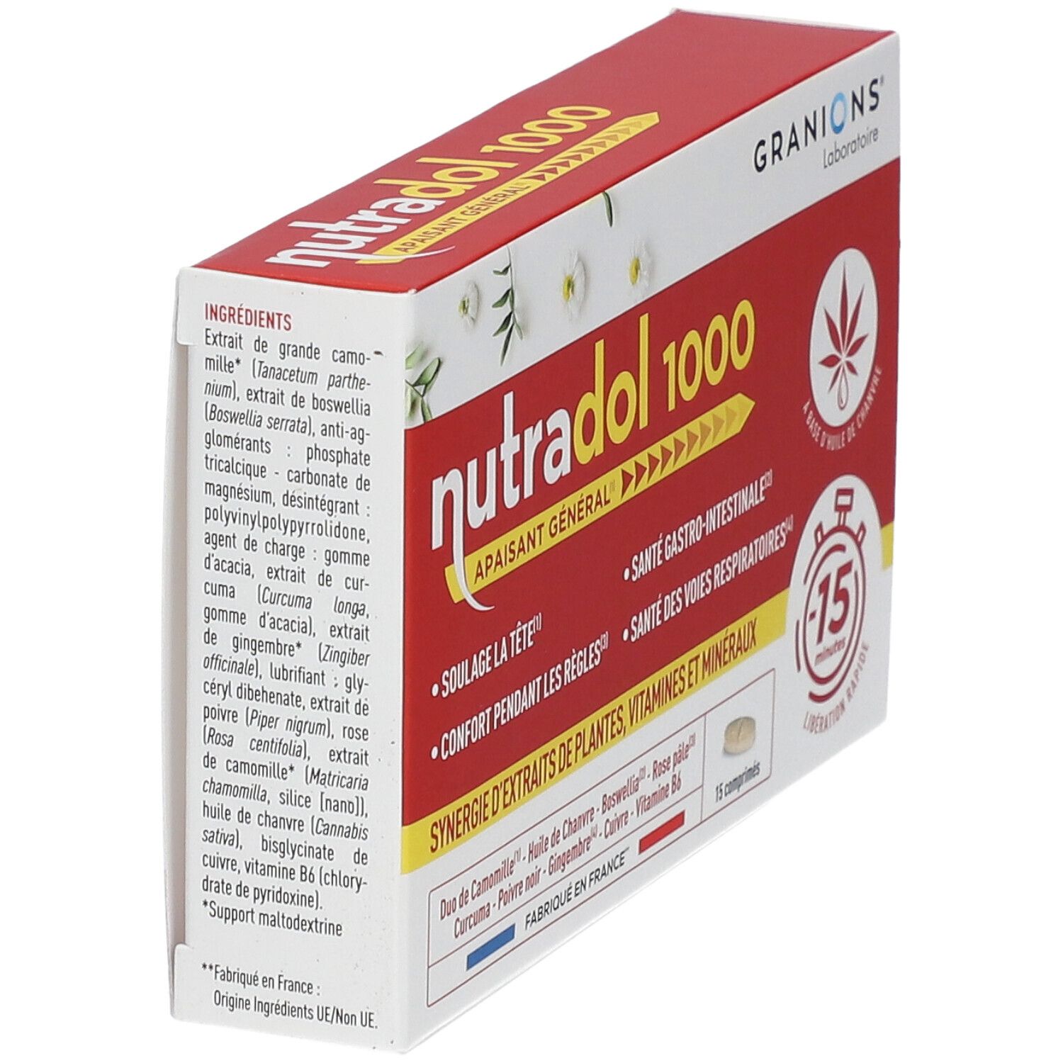Boîte rouge 'nutradol 1000'. Liste des ingrédients à gauche. Logo feuille de chanvre. 15 comprimés.