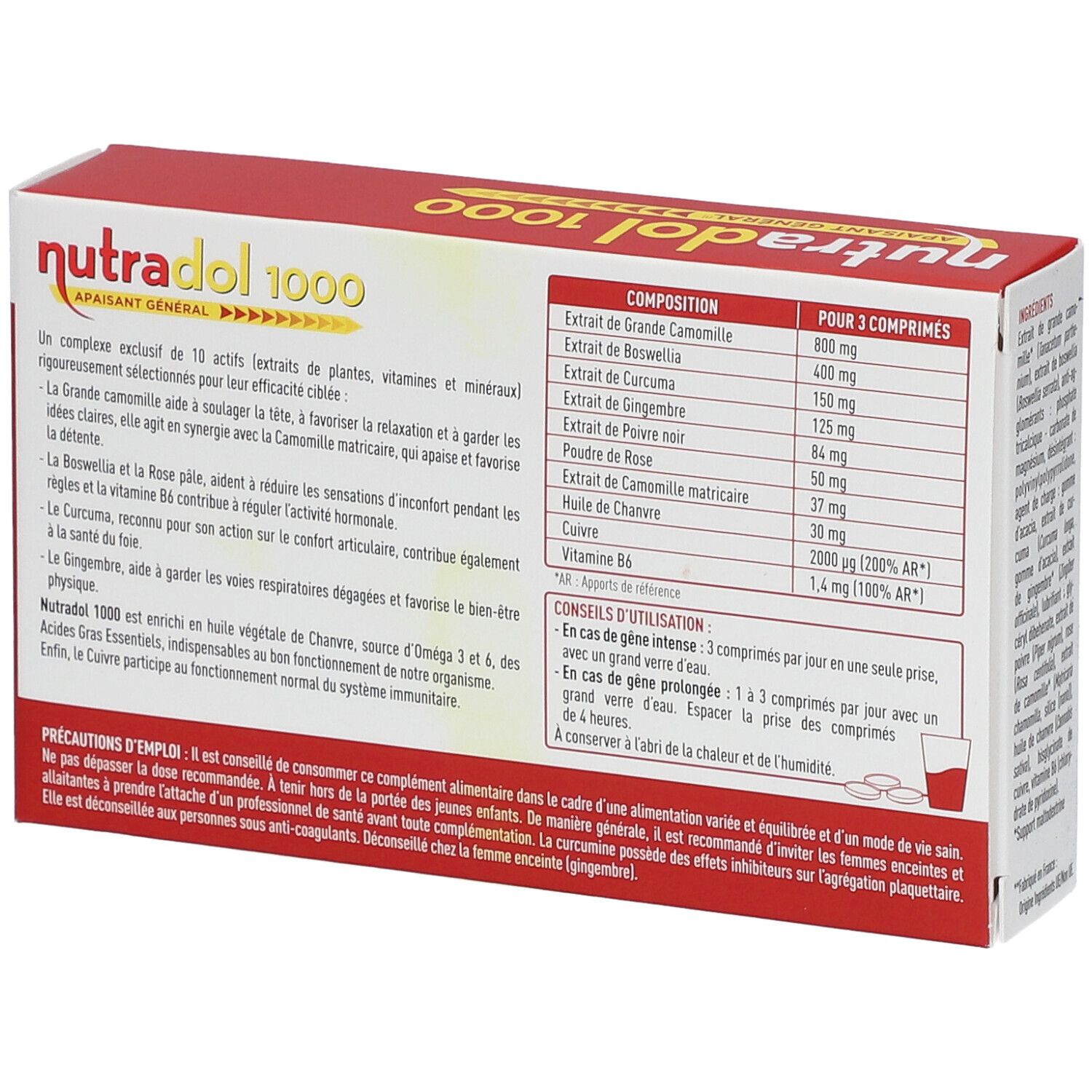 Dos de la boîte 'nutradol 1000'. Composition et conseils d'utilisation. Logo feuille de chanvre.