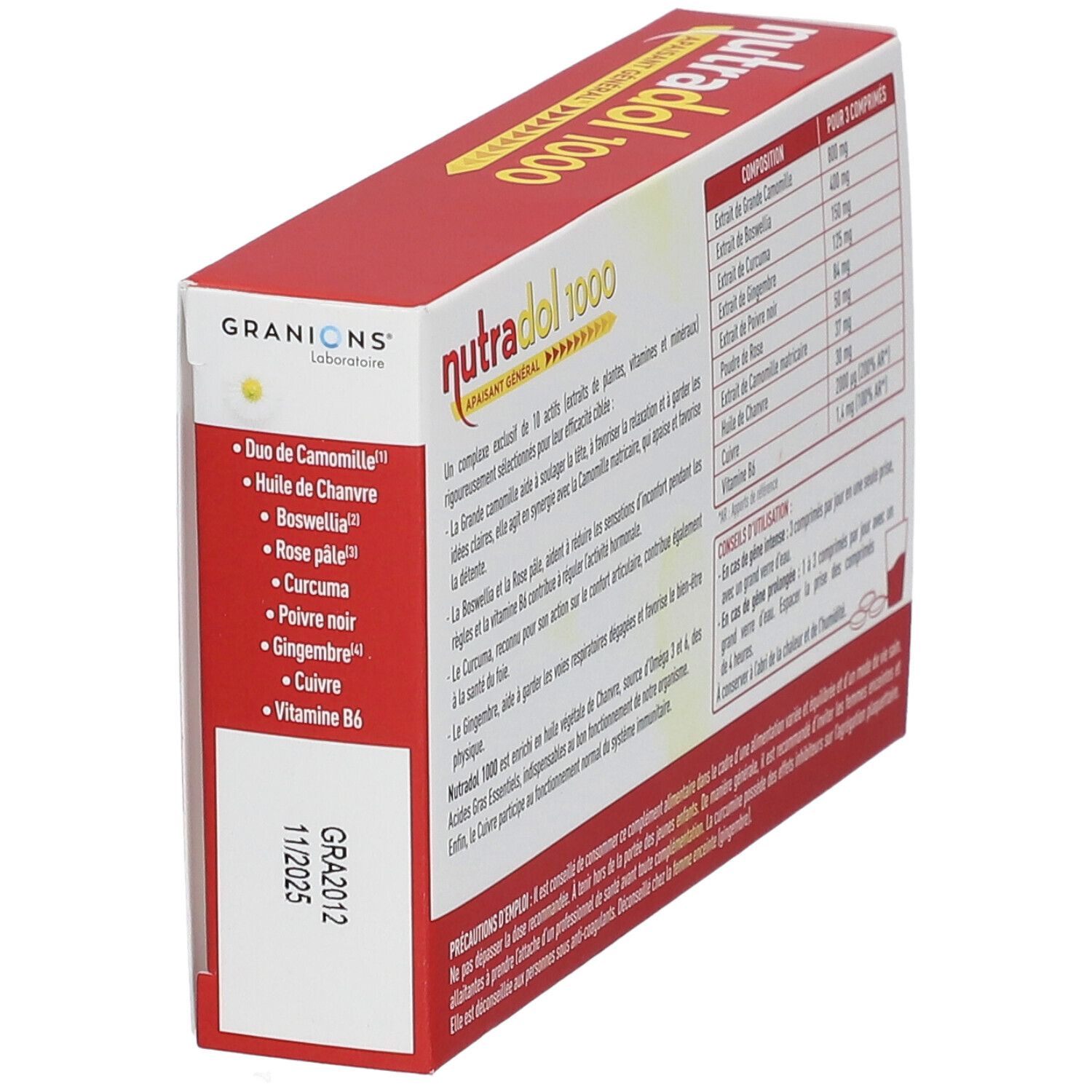 Dos de la boîte 'nutradol 1000'. Composition et conseils d'utilisation. Logo feuille de chanvre.