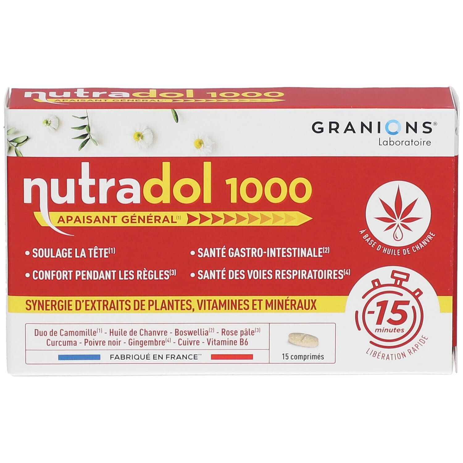 Boîte rouge 'nutradol 1000'. Contient 15 comprimés. Inscription 'Aisante général'. Logo feuille de chanvre.