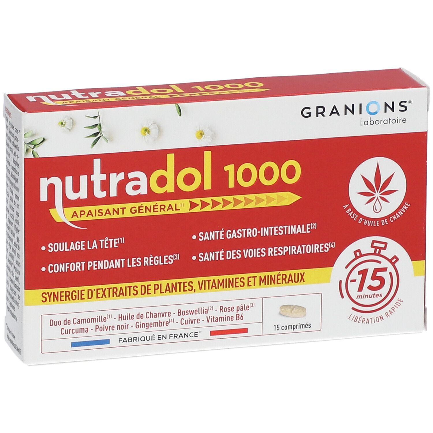 Boîte rouge 'nutradol 1000'. Contient 15 comprimés. Inscription 'Aisante général'. Logo feuille de chanvre.