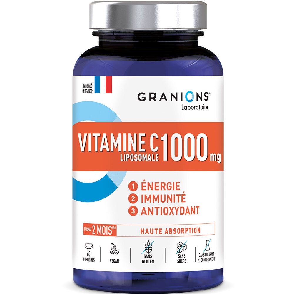 Flacon bleu avec capsules. Inscription: Vitamine C 1000 mg, Granions. Drapeau français.