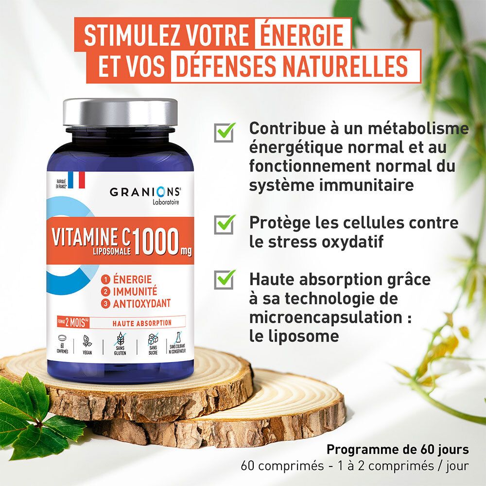 Flacon sur bois. Texte: Stimulez votre énergie et vos défenses naturelles. Granions Vitamine C 1000 mg.