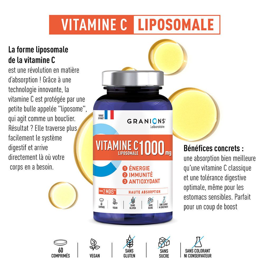 Flacon avec éléments jaunes. Texte: Vitamine C Liposomale. Bénéfices: meilleure absorption.