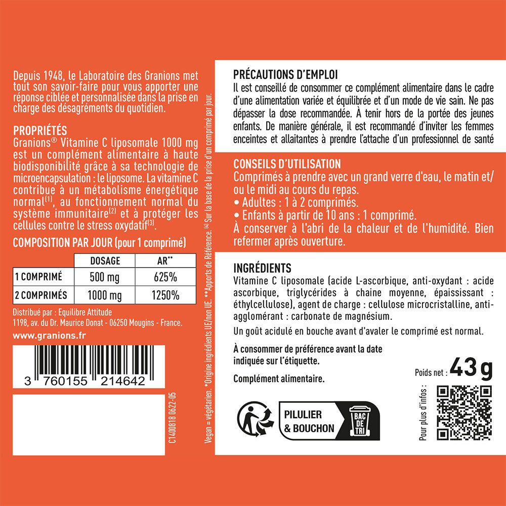 Dos du flacon. Texte: Propriétés, composition, précautions, ingrédients, poids 43g.