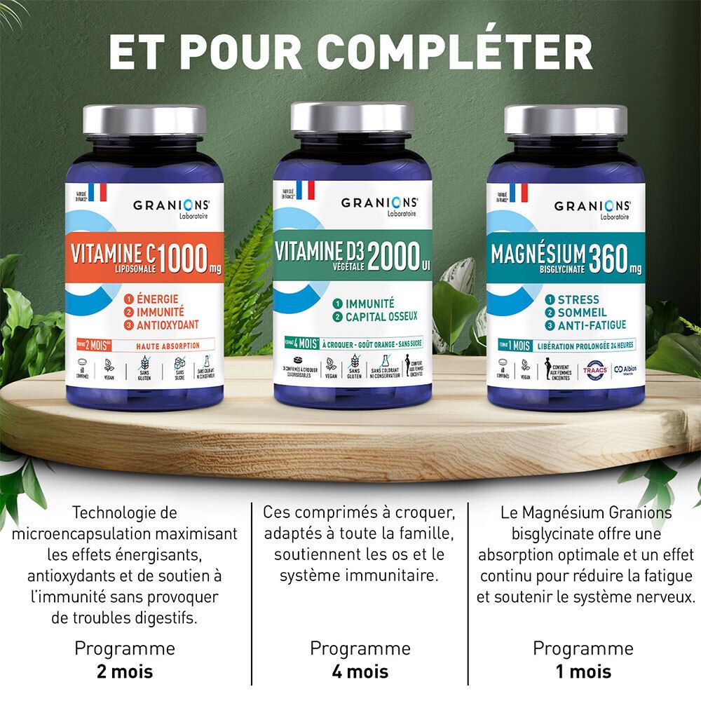 Trois flacons. Vitamine C 1000 mg, Vitamine D3 2000, Magnésium 360 mg. Texte: Programme.