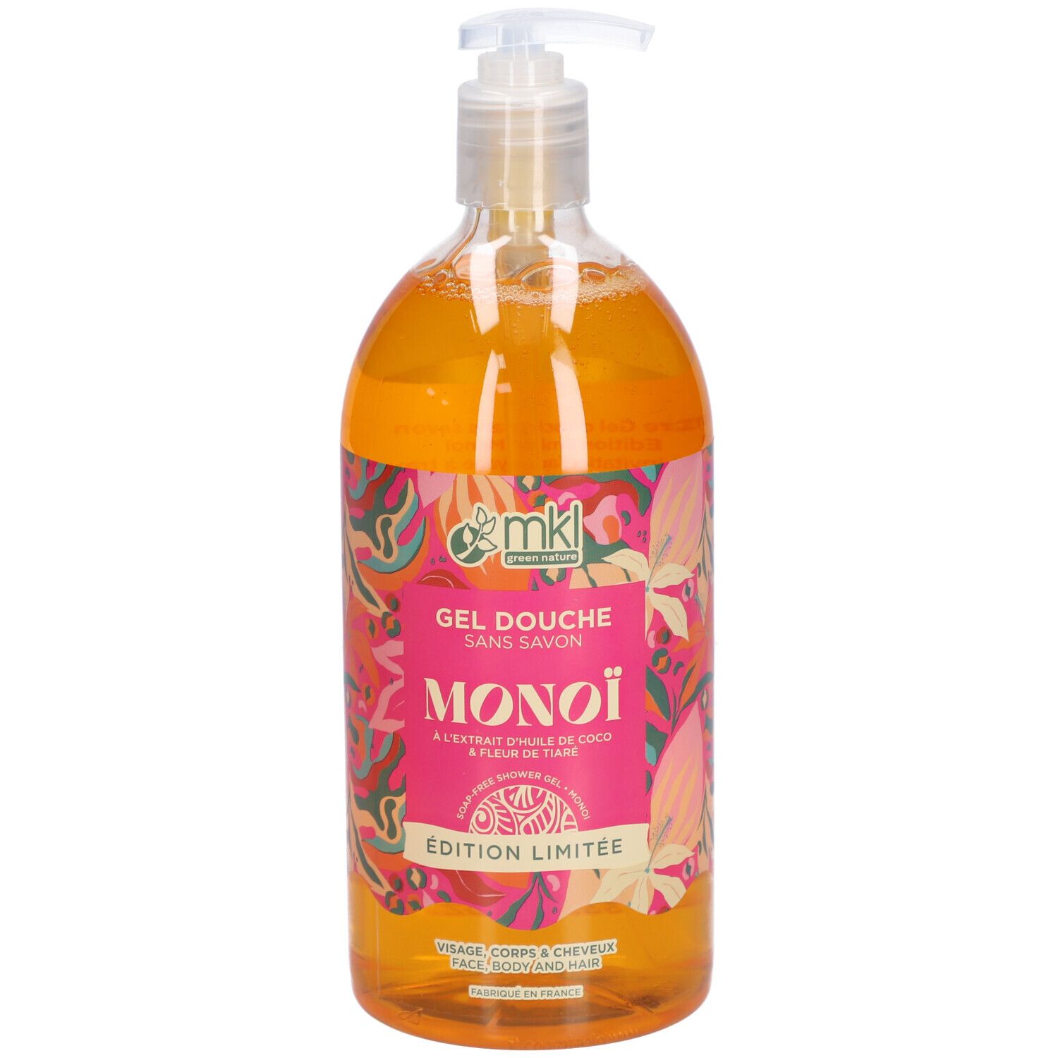 Flacon transparent de gel orange. Étiquette rose avec texte: Gel Douche Sans Savon Monoï, Édition Limitée. Logo MKL.