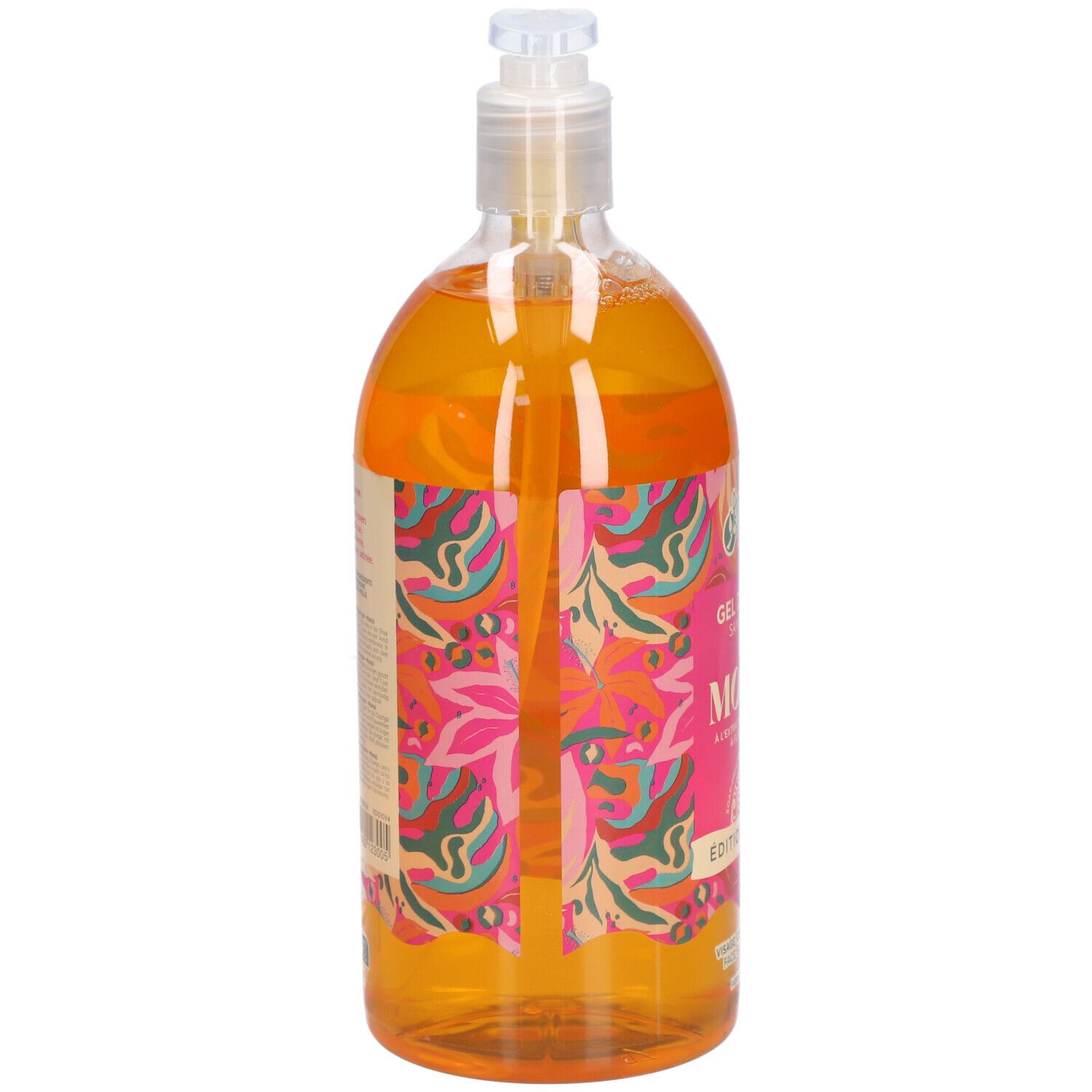 Flacon transparent de gel orange. Étiquette rose avec texte. Fermeture pompe. Logo MKL.