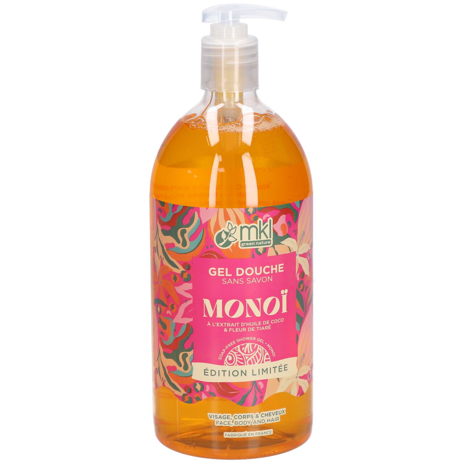 Flacon transparent de gel orange. Étiquette rose avec texte: Gel Douche Sans Savon Monoï, Édition Limitée. Logo MKL.